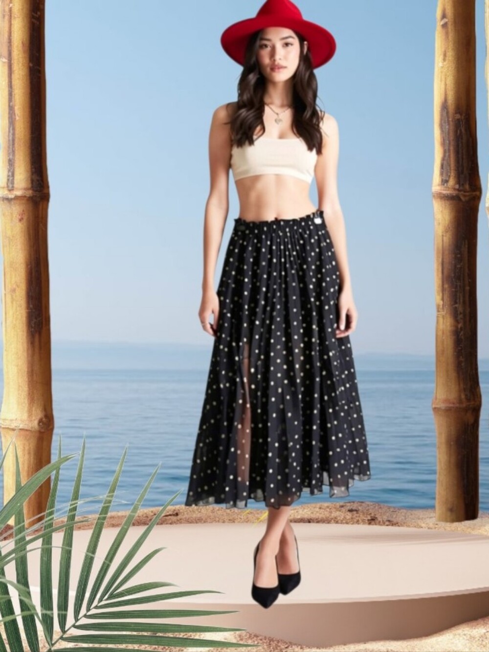 M💥Gold Polka Dot Pleated Midi Skirt for Cocktail Events